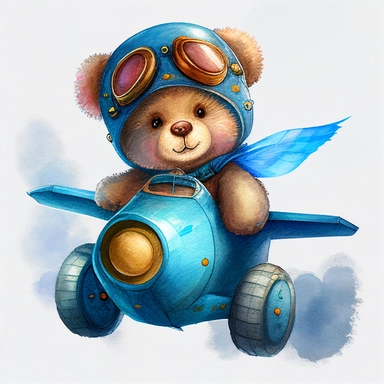 watercolor teddy bear clipart happy teddy bear waring blue goggles flying blue plane, white background