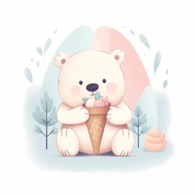 A cute bear clipart holding an ice cream cone, in the style of Mary Blair, muted and pastel color palette, white background.