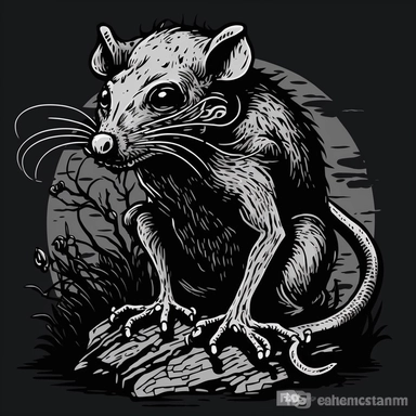 black and white clipart of a giant rat monster, flat color, low details