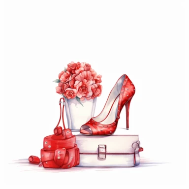 watercolor clipart of vintage red and white two high-heeled shoes and a small handbag, floral, color pencil drawing, nice composition, vector, outline, isolated white background, 16k