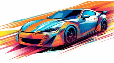 Contemporary vector clipart featuring a stylized drift car, represented by bold lines and abstract shapes, highlighting the car's distinctive design and speed, suitable for use in logos, icons, or racing-related infographics, on a clean white background