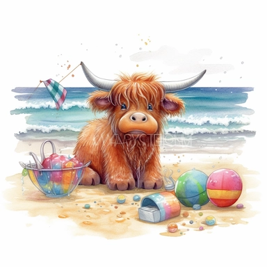 Baby Highland Cow play in the beach with beach toys, highly detailed, cartoon, watercolor, clipart, illustration, white background, digital painting, paper crafting, no signature, no text