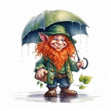 Cute Adorable magical little leprechaun with a cylinder hat and a red beard holds laterally a umbrella in his hand wears a raincape and stand in the rain on a country road, clipart, photorealistic illustration, watercolor, high detail, 8k polished, 8k, vibrant colors, white background