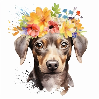 isolated clipart, cute dog with flowers on its head, highly realistic, flickr, watercolorist, uhd image, multi-layered mixed media