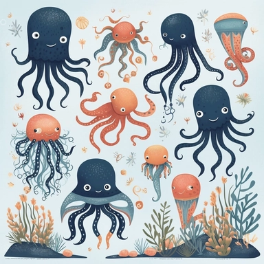 Octopus Clipart Cute Octopus, Sea Creature, Ocean Animals Clipart Kids Clipart Sea Creatures Octopus Nursery Decor, with blue air bubbles and sea anemones and sea plants