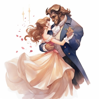 watercolor Belle and the Beast dancing in the ballroom, anime style, cartoon, clipart, white background, by Kawacy