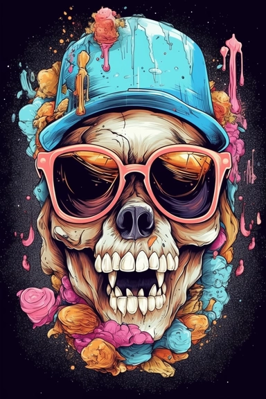 A detailed illustration a Skull of dog wearing expensive sunglasses, baseball cap, smoking a joint, t-shirt design, jewlery on, t-shirt design, in the style of Studio Ghibli, pastel tetradic colors, 3D vector art, cute and quirky, fantasy art, watercolor effect, bokeh, Adobe Illustrator, hand-drawn, digital painting, highly detailed clean, vector image flat white background, isometric, vector image, clipart, front view, retro style, white background, colorful shades, highly detailed clean, vecto