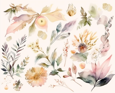 watercolor flower clip art for april, in the style of dreamlike composition, ethereal foliage, luxurious fabrics, pictorial dreams, beige, use of bright colors, poetic pastoral scenes
