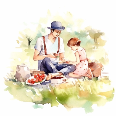 Father and child sharing a picnic in the park or having a backyard picnic, water color style, clipart, white background