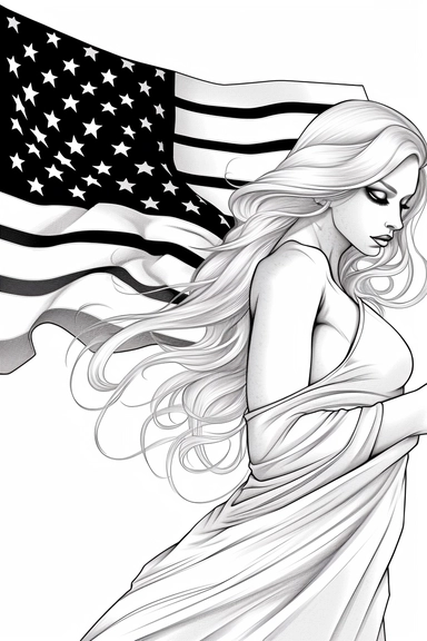 tattoo American Flag: A patriotic tattoo featuring the American flag, either waving or draped in a stylized manner. It represents love for one's country and a sense of national pride, anime style black and white full page pattern coloring page for kids, isolated, black and white, line art, printable outline art, thin lines, digital art, clip art, isolated, anime style, full page, award winning art