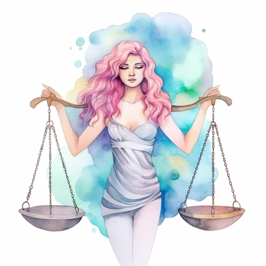 Cute zodiac sign Libra, arms as scales, pastel colors, white background, fashion illustration, watercolor splash, clipart, by Jack Hughes