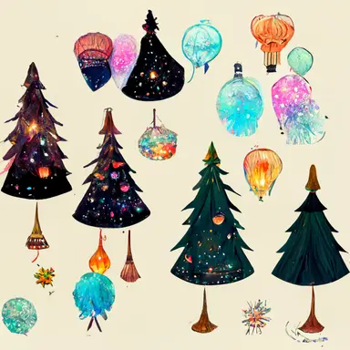 lots of clipart illustrations for christmas celebration,cute,8k, colourful, tiny drawings, pine trees, balloons,sparklers, fireworks, snow, stars, christmas cap
