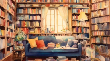 A captivating watercolor school clipart showcasing a cozy library within a school, filled with rows of bookshelves displaying a colorful array of books, a reading nook with plush cushions and a cozy fireplace, sunlight streaming through large windows, casting a warm glow on the pages, the delicate watercolor strokes capturing the tranquility and inspiration found within the world of books, Illustration, watercolor painting,