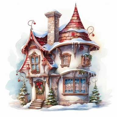Watercolor, cute christmas santa house, magical, fantasy, clipart, white background detailed, 8k, high resolution, style of Sandi Mower, clean white background
