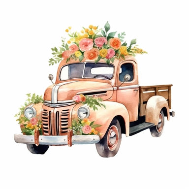 Watercolor Flower Truck Clipart Floral Truck Vintage Truck Clipart Junk Journal Farmhouse Clipart Floral Truck watercolor floral in bonnet or back realistic with more detailing