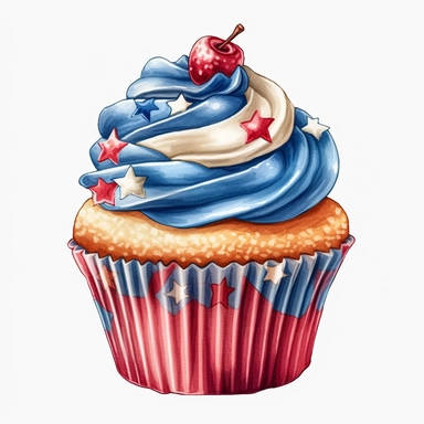 4th of July Patriotic Clip art of 4th of july patriotic cupcake, red, white & blue Full body realistic cartoon in 32K UHD cute, 8k with realistic watercolors and detailed illustrations. PNG clipart, Sublimation graphics, transparent white background for removing background - - no text shadow font watermark