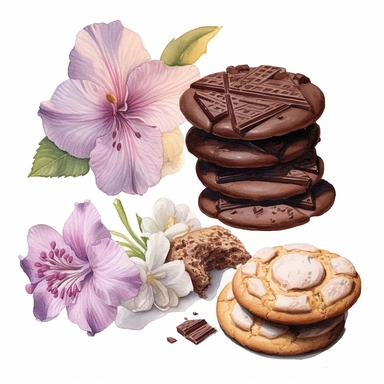 4 watercolor cliparts of neoclassical delicious chocolate cookies mixed with flowers , yaka art, Hyperrealistic still life, aurorapunk, 1990s, appropriation artist, hellenistic art