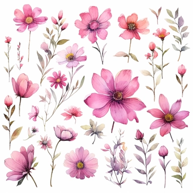 Ethereal watercolor clipart set featuring different pink flower species, portrayed from various angles, arranged in a composition that appears as if the flowers themselves are floating on a gentle breeze, a symbol of freedom, liberation, and the fleeting nature of beauty, clipart on a white backdrop.