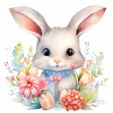 A captivating and sweet set of watercolor bunny holding flowers clipart, consisting of an assortment of hand-painted bunnies tenderly embracing bunches of colorful flowers. The artist demonstrates their mastery of the watercolor medium by depicting the bunnies' cute features, soft fur, and expressive eyes with intricate detail and fluidity. The clipart collection features an array of stunning blooms, including roses, sunflowers, and wildflowers, that evoke a sense of serenity and natural beauty.