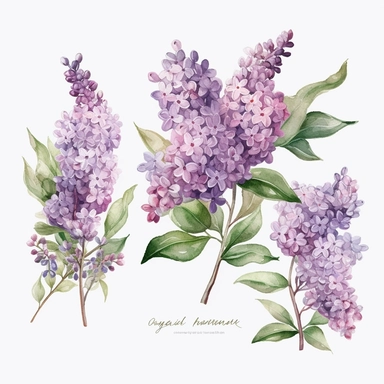 Create a collection of watercolor lilac clipart, capturing the beauty of lilac flowers in a springtime setting. The clipart should showcase lilac bouquets and arrangements in varying shades of purple, reflecting the enchanting nature of these spring flowers. Use a watercolor painting technique to infuse the clipart with a soft, delicate, and artistic feel. Incorporate details such as individual blossoms, leaves, and stems to add depth and realism to the illustrations. The clipart should be versa