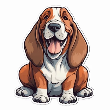 cute Basset Hound, happy and smiling, bold line, clipart, sticker, white background, no shadow, 8k detail