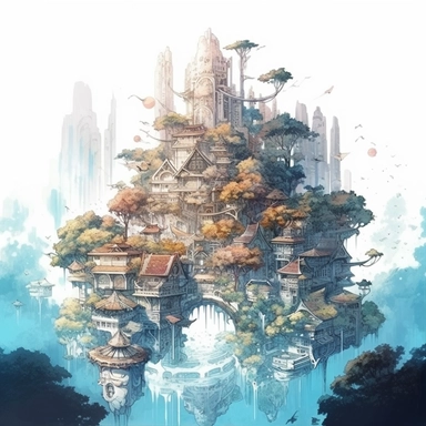 a magical floating city in the hevens, Takehisa Yumeji's art style, soft, glowing watercolour clipart, isolated clipart, white background