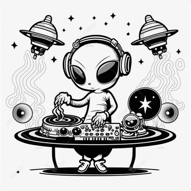 cute clipart An alien DJ mixing music on a set of glowing turntables with speakers emitting sound waves. with aliens on alien planet coloring book with no background, thick, clear, lines, only black and white