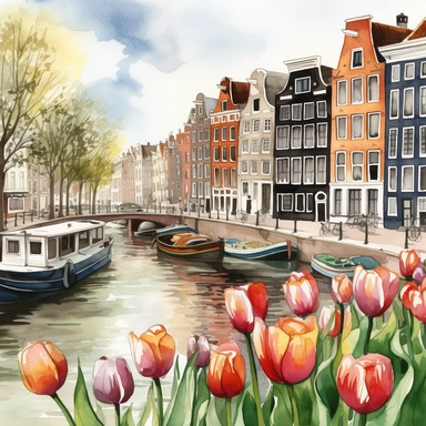 tulips infront of a canal in Amsterdam, watercolor clipart, in the style of charming illustrations, meticulous design, painted illustrations, ferrania p30, sharp details, rich details, free brushwork, isolated white background