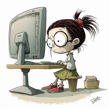 teacher girl using computer, clipart, by Shaun Tan, André Franquin anime, white background