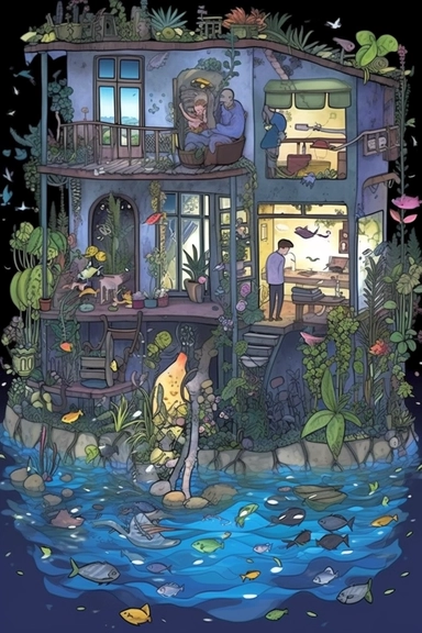 father and son fishing, from multi decker house surrounded by water full of fish, peaceful night theme with its own habitats (flowers and plants) made into a heart-shape vintage in watercolor style clipart, use darker tones, higher saturation colors, Banksy artstyle with minimal effects, super creative watercolor, completely black background