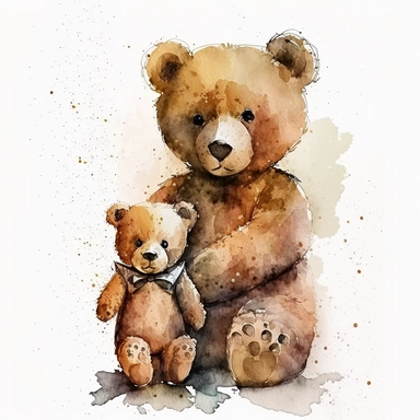 clipart of watercolor style mother teddy bear with her cute baby bear, dynamic pose, no text, no extra leg, no deformed, v4