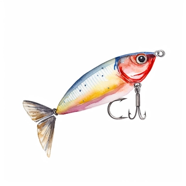 Watercolor fishing lure clipart, white isolated background, space out, hd