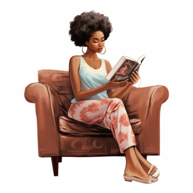 Melanin girl PNG | Black Girl Clipart, Black Woman Illustration, African American Fashion Digital Print, Self Love Clipart, pixie cut hairstyle, sitting on couch reading a book