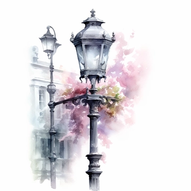 Victorian gas streetlamp clipart, soft pastel colors, soft pastel flowers, in the style of realistic watercolors, feminine sensibilities, detailed illustrations, made of all of the above, in style of Willem Haenraets, clean background, white background, on a white background, transparent background