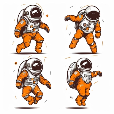set of 4 icons, stylized black and white vector graphics, cartoon style doodle of an astronaut isolated on a white background, created by Brian Kesinger, full-size dynamic action pose, monochromatic, flat and minimalist, orange accents, coloring book page, clipart