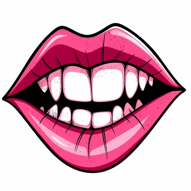 Hand drawn clip art on white background of: vampire lips with fangs, pink, comic book style