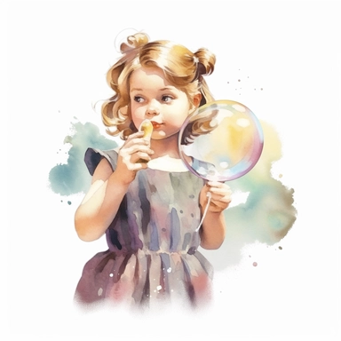 vintage adorable little girl blowing soap bubbles, pastel colors, clipart style, watercolor technique, super high quality, professional watercolor clipart, high resolution