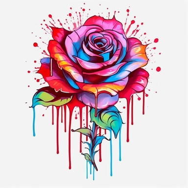 tattoo design of rose flower color art watercolor drip in transparent overlay, in the style of vibrant spectrum colors, white background, color gradients, chalk art, whimsical yet eerie animal symbolism, vibrant murals, hand-coloring watercolor clipart, white background