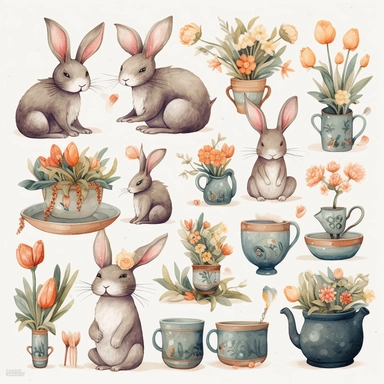 Oil painting rabbits, teacups and flowers clipart set, Lisa glanz style, white background charecter, single items, cute items, oil paint, no background. Clear simple shapes, cute, high quality, Procreate art, HD, 8k, detailed, wax crayons style illustration, digital illustration, white background