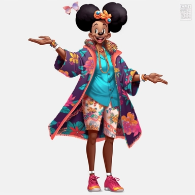 2d, beuatiful vibrant full body happy african american adult mickey mouse woman clipart, dark brown face, pink ears, wearing fun outfit and shoes, patting a smiling peacock, disneycore, cartoon realistic