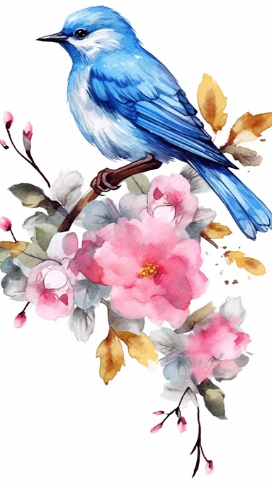 blue bird with flowers, watercolor clipart, completely white background, watercolor,