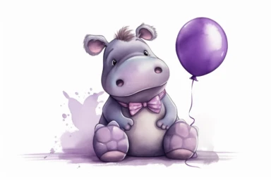Cute carton little hippo with purple balloon, white background , in the style clipart, digital airbrushing, high resolution, children's book illustration,