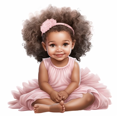 Clipart of cute african american baby girl with curly hair. She is sitting down. She is wearing pink and silver clothing. Place on a white background