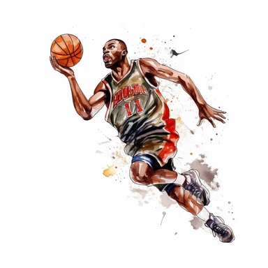 Basketball player going to the hoop, , highly detailed, watercolor, clipart, illustration, white background, digital painting, paper crafting, no signature, no text