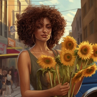 6 of wands tarot card, woman giving 6 sunflowers to unfortunate people, year 2035, beautiful curly hair, busy street , realstic , fantasy clip art