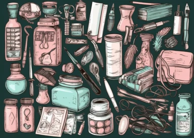 pink nurse supplies clipart, in the style of dark teal and brown, caffenol developing, loose linework, aquarellist, progressive academia, happenings, berrypunk