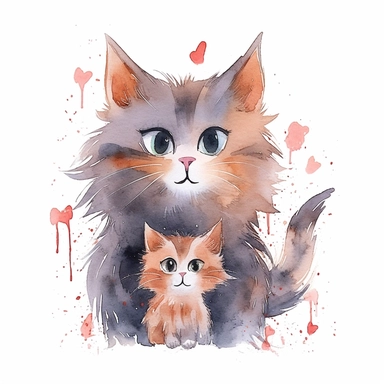 fathers day, cute cat and his baby , loving,cute, attractive,beautiful, minimal, watercolor clipart