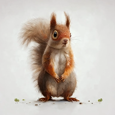Woodland Animal Clipart Watercolor, cute, lovely, happy, funny, friendly full body furry brown grey red baby Squirrel, large emotive eyes, intense gaze, looking straight, large fluffy tail, white background, no plants, no grass, nursery clipart