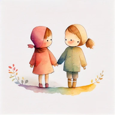 cute watercolor illustration of childs holding hands, simple shapes, no lines, no outlines, clipart, trending on artstation, minimalist, watercolor illustration clipart, watercolour clipart, watercolor illlustration for kids and children, book illustration, flat background