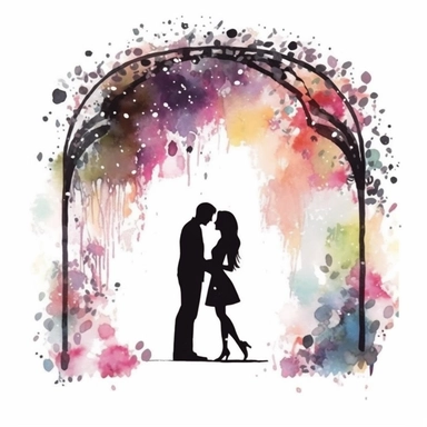 watercolor clipart with white background, black silhouette of bride and groom under an ivey covered arch with confetti in the air , cute and adorable, flat design,high quality--ar3:4--no mockups, watermarks, numbers, writing, letters--q2--v5.1--s1000